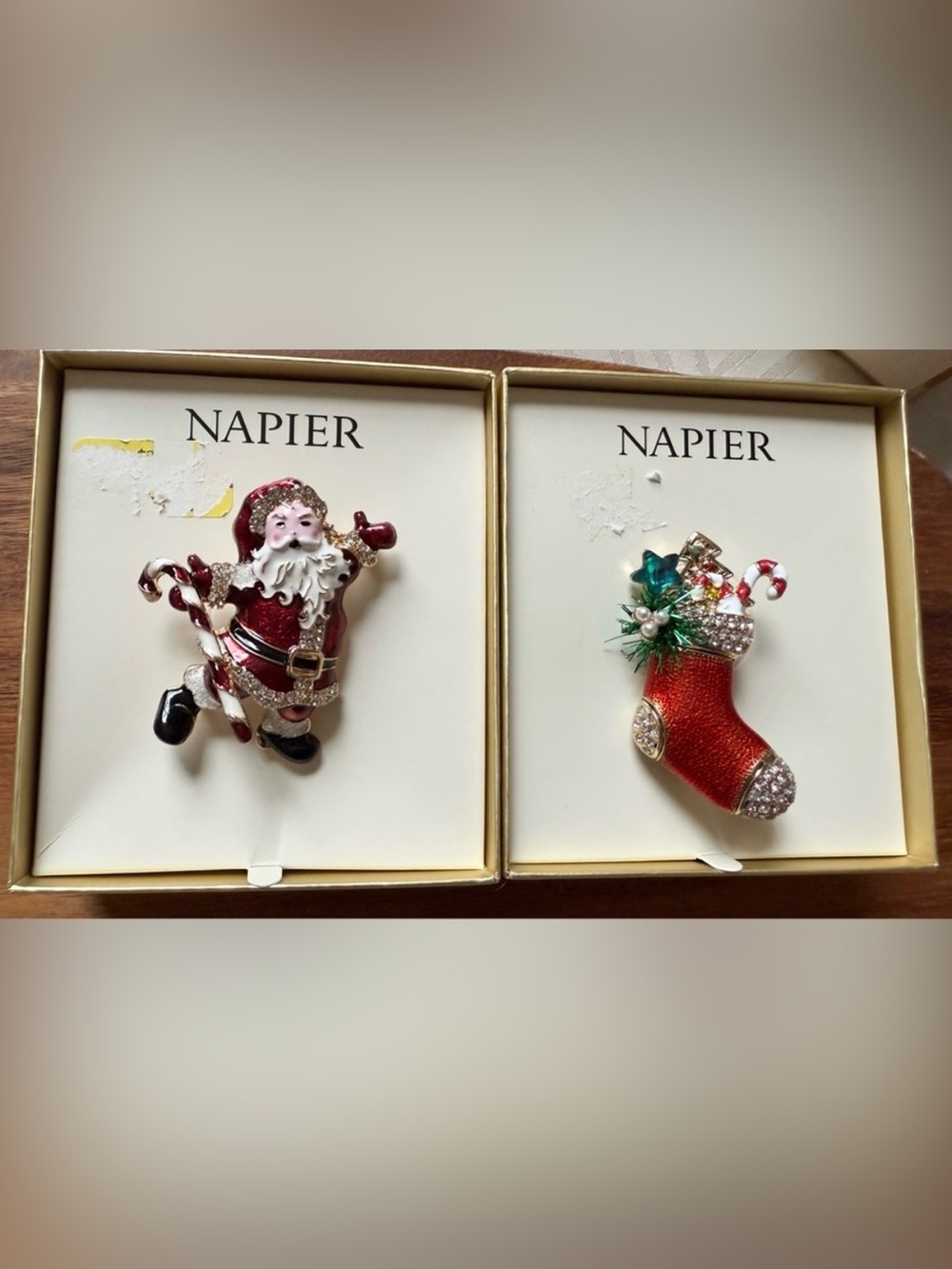 Lot of 2 New in Box Napier Festive Santa & Stocking Brooch Pin Holiday Christmas
